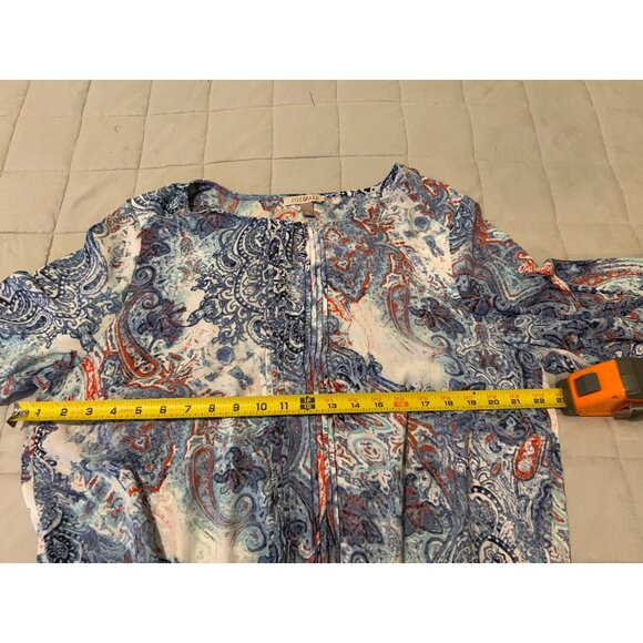 Roz & Ali XL Boho Paisley Blouse Womens Peasant Top Sheer 3/4 Sleeve Blue Orange - Picture 3 of 12